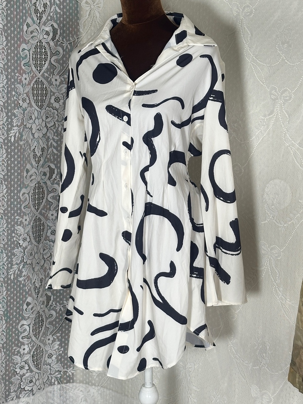 White Long-Sleeve Button-Front Dress with Black Abstract Print